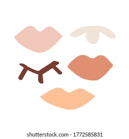 Modern abstract card, cover template with lips and eyes. Poster background composition, isolated on white. Female beauty, Makeup concept. Brochures, banners, branding design. Vector illustration