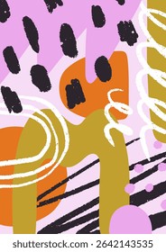 Cartão abstrato moderno com rabiscos criativos, pinceladas, rabiscos brincalhões, elementos de estilo funky. Design de pôster com formas orgânicas desenhadas, padrão caótico, textura dinâmica. Ilustração de vetor plano