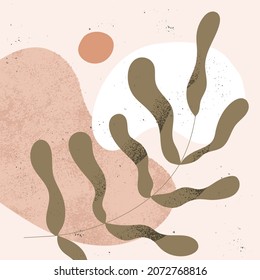 Modern abstract card with leaf and geometric shapes. Minimal design with botanical and creative elements, brush blobs, organic splashes. Minimalist natural pattern with plant. Flat vector illustration
