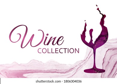 Modern abstract card template for wine tasting invitation or poster or banner or presentation with red glass in alcohol ink style on a white background with pink wave.