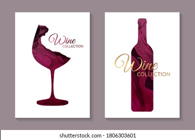 Modern abstract card templates for wine tasting invitation or poster or banner or presentation with red glass and bottle in alcohol ink style on a white background.