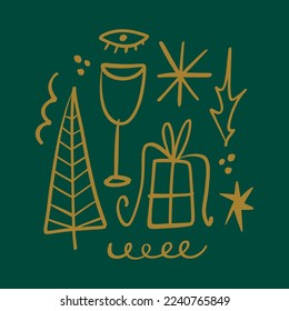 Modern abstract champagne glass tee and gift artistic New Year and Christmas illustration. Scandinavian nordic style artisan Noel postcard