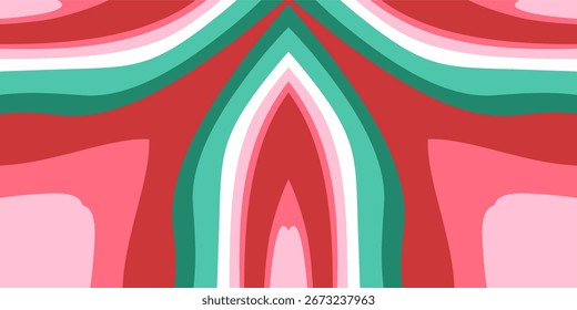 A modern, abstract Christmas background with symmetrical, flowing stripes in festive shades of red, green, pink, and white.