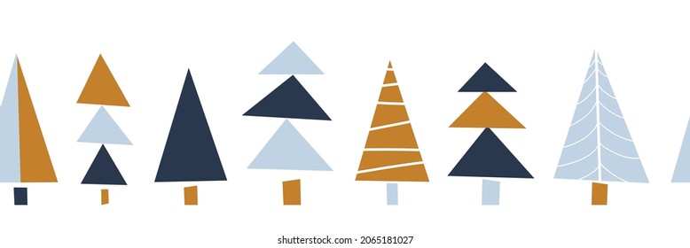 Moderne abstrakte Weihnachtsbaumgrenze. Nahtlose Wiederholung von Vektorgrafikstreifen, Schnittformen. Dekoratives horizontales Winterurlaubsdesign für Band, Grußkarte, Scrapbooking, Fußzeile, Header, Divider.