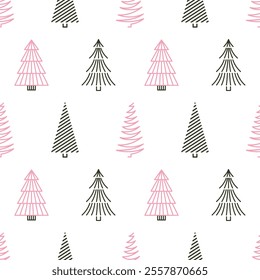 Modern abstract Christmas tree pattern. Trendy pink and black fir silhouettes arranged in a seamless background, ideal for New Year decor or festive digital backgrounds.