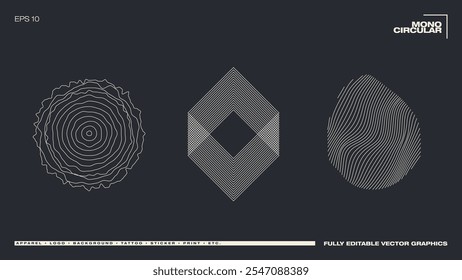 Gráficos monocromáticos circulares abstratos modernos. Arte vetorial.