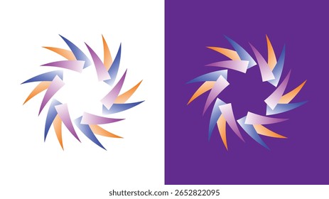 Moderno abstrato circular desenho de logotipo de espiral com gradiente roxo, laranja e elementos azuis. Ícone de vetor criativo para marca, identidade comercial, web, aplicativo, marketing, emblema elegante e gráfico.