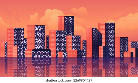 Modern abstract city in orange sunset light. Silhouettes of skyscrapers on the evening background horizontal landscape.