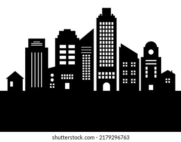 Modern abstract cityscape skyline buildings black and white silhouette vector. Fictional simple city skyline black silhouette design element isolated on a white background