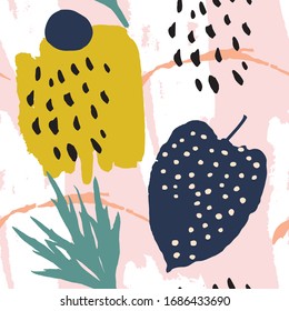 Modern abstract collage. Vector illustration hand drawn. 
Colorful trendy seamless pattern. Abstract floral elements digital collage.  