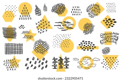 Modern abstract collection Collage minimal design set in trendy pop art style Hand drawn black ink skrubble with simple geometric yellow forms Star, square, circle, ring, triangle Vector illustration