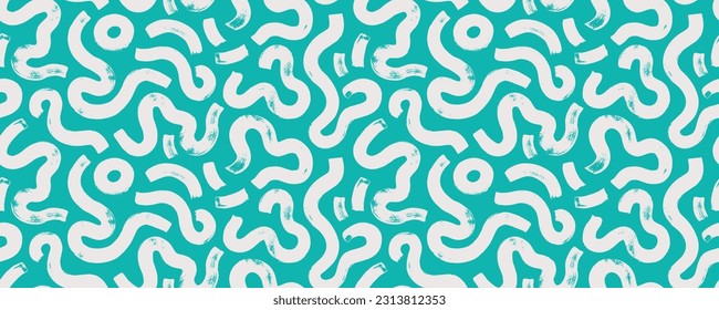 Modern abstract color seamless pattern with squiggles and bold curved lines. Hand drawn bold doodles, organic lines on green background. Abstract childish colorful pattern with organic thick strokes.