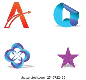 Modern Abstract Colorful Business Icons Representing Letter A, Letter Q, Flower, and Star Shapes.