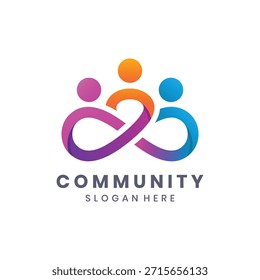Logotipo comunitário abstrato moderno três pessoas e símbolo infinito