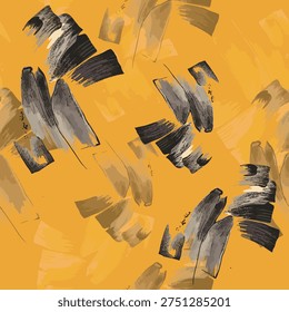 Modern abstract composition with expressive brush strokes and textured paint marks on a vibrant yellow background. Contemporary artistic illustration perfect for posters, branding, packaging, social media graphics, and creative design.