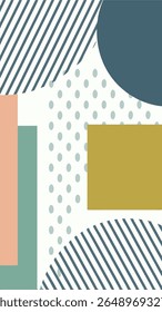 A modern abstract composition featuring a blend of geometric shapes, diagonal lines, and polka dots in a muted color palette of peach, sage green, mustard yellow, and navy blue.
