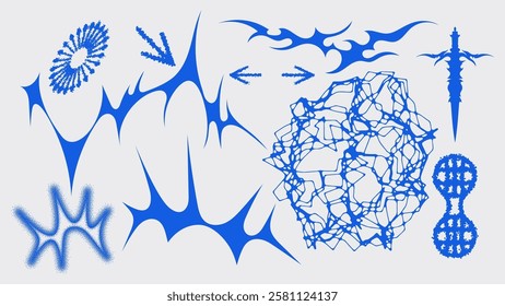 Modern abstract composition featuring blue organic and geometric shapes for design use.