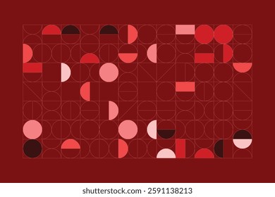 A modern abstract composition featuring geometric shapes, primarily circles and semicircles, in a structured grid. The red and pink color palette creates a harmonious balance between form and space.