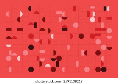 A modern abstract composition featuring geometric shapes, primarily circles and semicircles, in a structured grid. The red and pink color palette creates a harmonious balance between form and space.