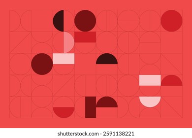 A modern abstract composition featuring geometric shapes, primarily circles and semicircles, in a structured grid. The red and pink color palette creates a harmonious balance between form and space.