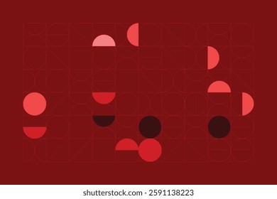A modern abstract composition featuring geometric shapes, primarily circles and semicircles, in a structured grid. The red and pink color palette creates a harmonious balance between form and space.