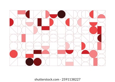 A modern abstract composition featuring geometric shapes, primarily circles and semicircles, in a structured grid. The red and pink color palette creates a harmonious balance between form and space.