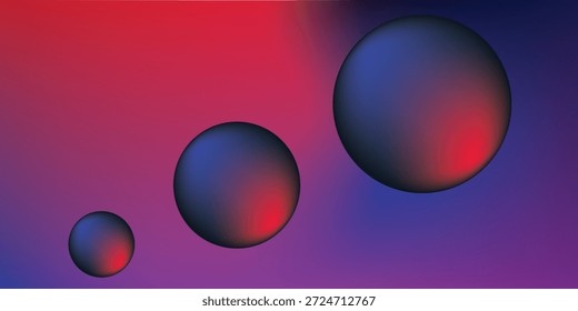 Composição abstrata moderna apresentando esferas de gradiente brilhante com iluminação vermelha e azul em um fundo roxo escuro. Ideal para design futurista, temas de tecnologia, cartazes, papéis de parede e marca digital.

