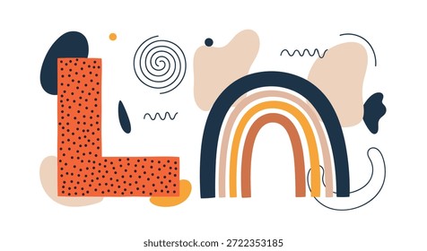 Eine moderne abstrakte Komposition mit einem großen strukturierten Buchstaben "L", einem Regenbogen im Boho-Stil und verschiedenen organischen und geometrischen Formen in einer zeitgenössischen Farbpalette.