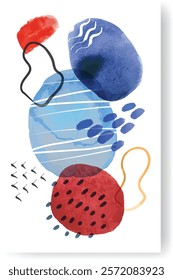 Modern abstract composition featuring overlapping watercolor shapes in blue and red, accented with lines and dots, creating a vibrant and artistic visual