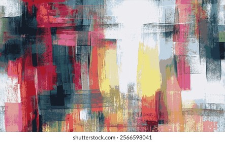 Modern abstract composition featuring rich layers of red, coral, and dark green tones, artistically balanced with bold patterns and textured strokes for a dynamic and contemporary design