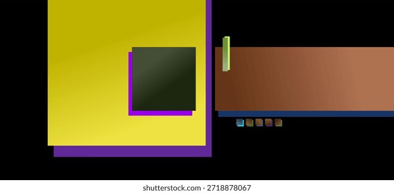 Modern abstract composition featuring vibrant, layered geometric shapes in yellow, brown, purple, and green with a minimalist aesthetic, ideal for digital designs.