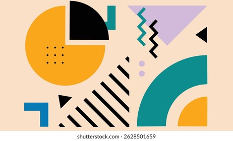 Modern abstract composition with geometric shapes, arcs, zigzag lines, and dynamic angles in orange, teal, black, and lilac on beige background.