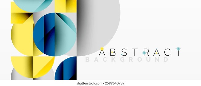 Modern abstract composition with layered circles and angular segments featuring gradients, transparency effects, and a structured geometric layout