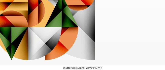 Modern abstract composition with layered circles and angular segments featuring gradients, transparency effects, and a structured geometric layout