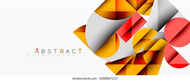 Modern abstract composition with layered circles and angular segments featuring gradients, transparency effects, and a structured geometric layout