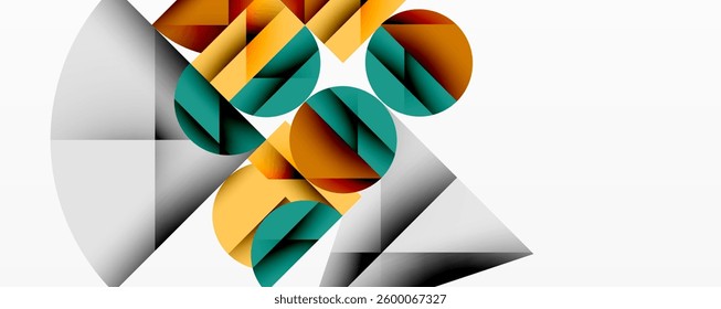 Modern abstract composition with layered circles and angular segments featuring gradients, transparency effects, and a structured geometric layout