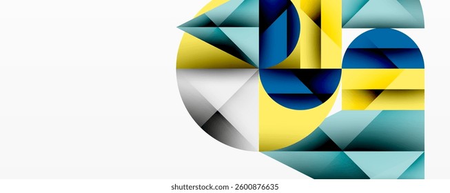 Modern abstract composition with layered circles and angular segments featuring gradients, transparency effects, and a structured geometric layout