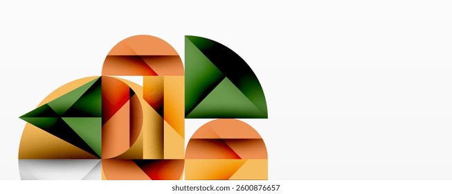 Modern abstract composition with layered circles and angular segments featuring gradients, transparency effects, and a structured geometric layout