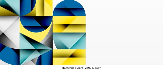 Modern abstract composition with layered circles and angular segments featuring gradients, transparency effects, and a structured geometric layout