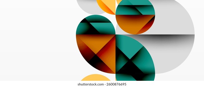 Modern abstract composition with layered circles and angular segments featuring gradients, transparency effects, and a structured geometric layout