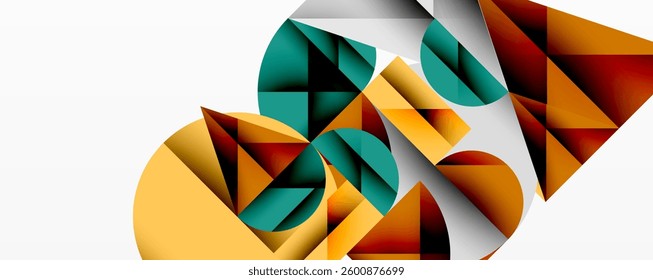 Modern abstract composition with layered circles and angular segments featuring gradients, transparency effects, and a structured geometric layout