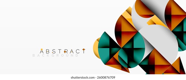 Modern abstract composition with layered circles and angular segments featuring gradients, transparency effects, and a structured geometric layout