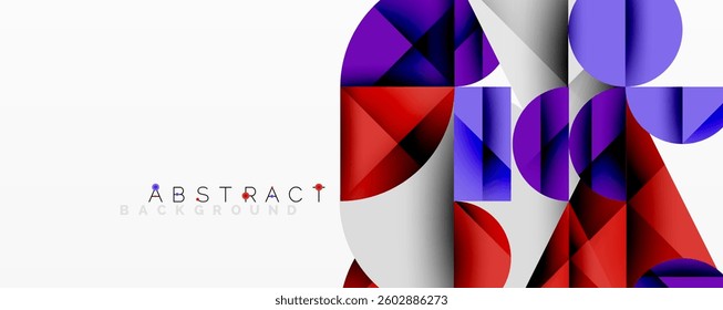 Modern abstract composition with layered circles and angular segments featuring gradients, transparency effects, and a structured geometric layout