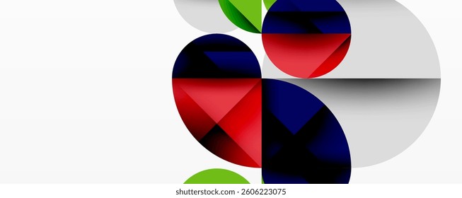 Modern abstract composition with layered circles and angular segments featuring gradients, transparency effects, and a structured geometric layout
