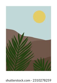 Modern abstract composition - minimalist bohemian style poster of mountain landscape, palm leaves and sun.