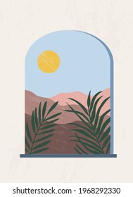 Modern abstract composition. Minimalist boho style poster. Mystic arched window. Mountain landscape with sun and palm leaves. Wall print for home decor. pastel earth colors.