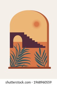 Modern abstract composition. Minimalist boho style poster. Mystic arched window. sun and palm leaves. terracotta colors.  Wall print for home decor.