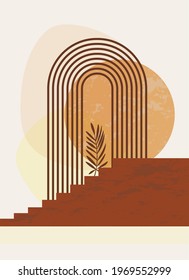 Modern abstract composition. Minimalist boho style poster. Palm leaf, rainbow. natural arch of lines and sun circle. terracotta colors. Wall print for home decor. harmony and tranquility. vector.