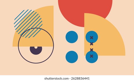 Composição abstrata moderna com círculos trimestrais, formas geométricas vermelhas e azuis, e elementos sobrepostos sobre um fundo bege suave para um olhar ousado e brincalhão.