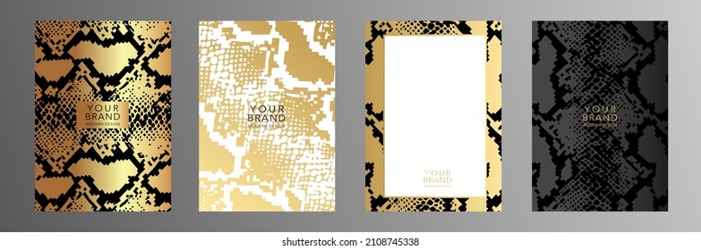 Conjunto de diseño moderno y abstracto de la cubierta. Lujo negro, dorado, fondo blanco con estampado animal de piel de serpiente. Colección de vector premium para catálogo, invitación, volante, folleto, plantilla de bloc de notas, menú